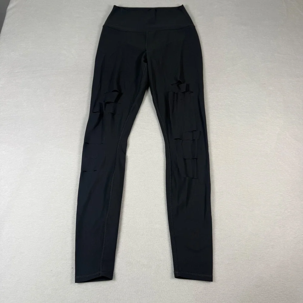 Alo Yoga Ripped Warrior Leggings Womens Small Black Nylon Distressed High Waist